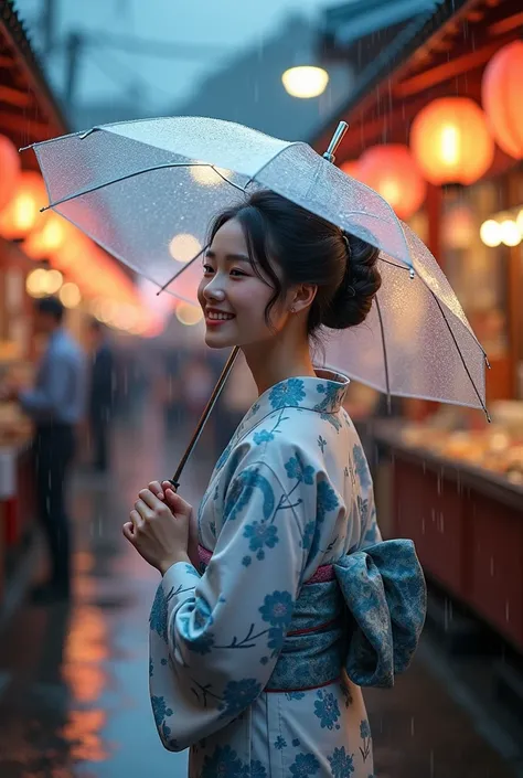 Ultra-realistic image of a young woman wearing a traditional Japanese yukata, standing in a bustling festival crowd. She is holding a transparent umbrella in the rain, with gentle raindrops visible on the umbrella surface. The background is filled with fes...