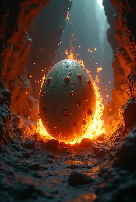 Aliens eggs destroyed by flames in the foreground in a cave, style of H.R. Giger