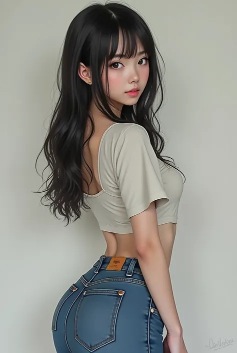 Japanese girl in blue jeans showing her butt while bending over