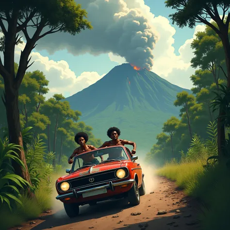 2 young black men on a car running from war, huge vocano in the background, Africa, forest