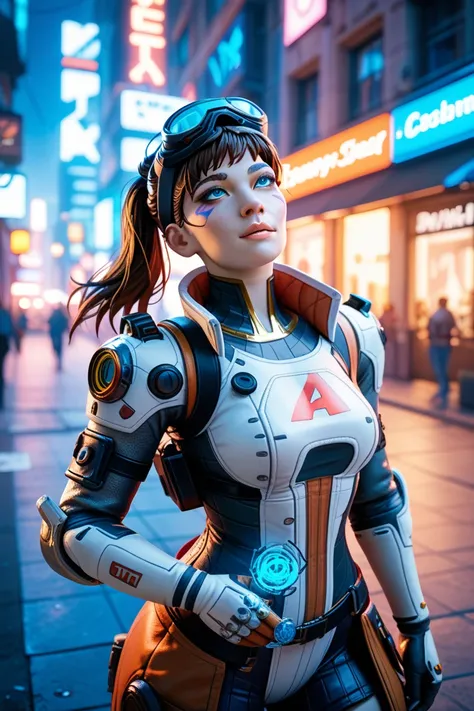 masterpiece,  best quality, , (solo), 1boy, look up, dim light, , Horizon_(apex legends), goggles, blue eyes, brown hair, gauntlets, shoulder armor,  headwear, (freckles:0.5), , (science_fiction), outdoors, street, neon lights, cyberpunk,