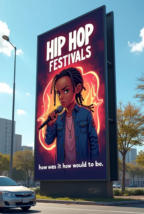 Create a horizontal billboard that says 5 hip hop festivals in Spanish and an easy drawing of a boy with braids and a microphone and with small letters: How was it how would it be 