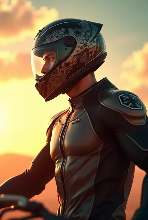 Half body male motorcycle rider with helmet sun background