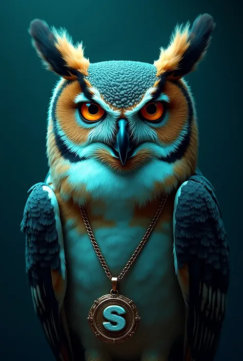 logo dun visage de hibou  qui porte un collier de rappeur américain avec la lettres S en pendentif, lumière turquoise en arrière plan 