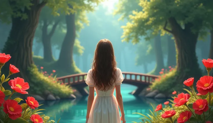  a 14-year-old woman with wavy hair wearing a white dress with short puffy sleeves, Facing a bridge over a lake in a magical forest landscape ,  with red flowers 