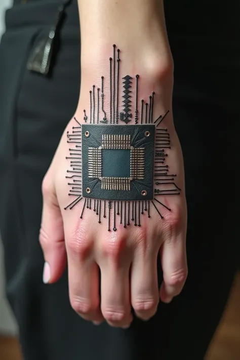 Tattoo of an electrical chip, on the top of the hand  