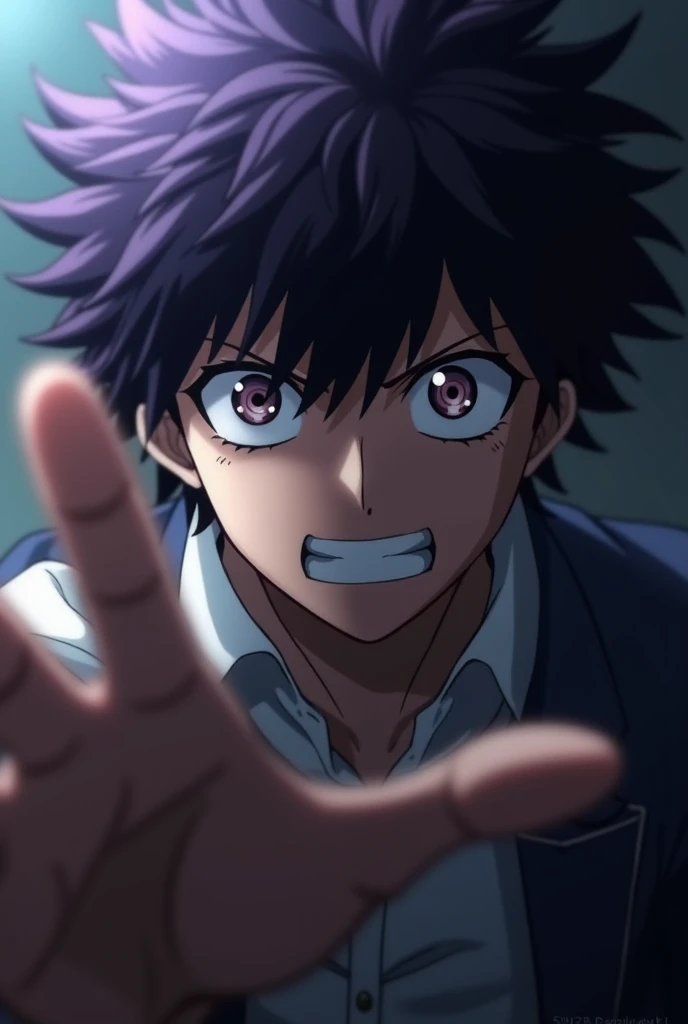  I would like to create an image of a character **Shinso** From the anime My Hero Academia ,  he will be reaching out to that image and the background of the image is blurry not showing his face