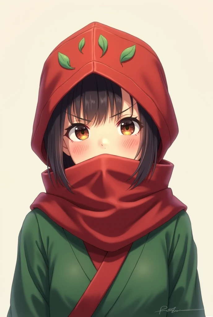 Anime shy worried small height woman ninja. Mouth covered and blushed. Red scarf that covers the head and green clothes with three leaves on top head. Red lips