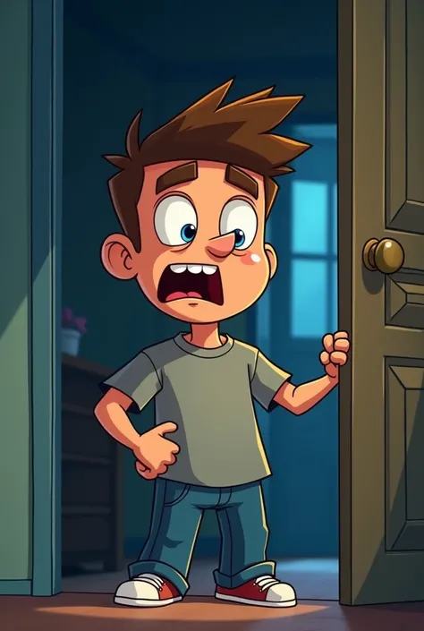 Cartoon of a fearful young man opening the door 
