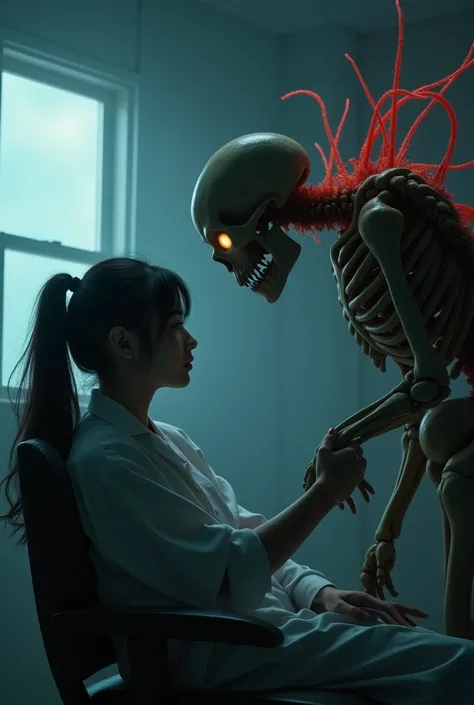 "A hyper-realistic and emotionally charged scene set in a dimly lit, futuristic laboratory. Meire, the Japanese scientist, sits in a chair, her face obscured by her hands as she quietly sobs, overwhelmed by the guilt and responsibility of the failed experi...