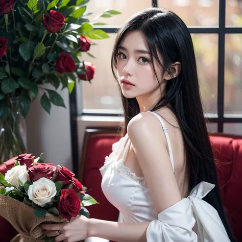  anime girl in a white dress with long black hair and red roses, Guwayiz, Guwayiz on pixiv artstation, Detailed digital animation art,   beautiful anime girl wearing a sexy garter belt , Guwayiz on artstation pixiv, Animation style 4k, Guys ,  Beautiful An...