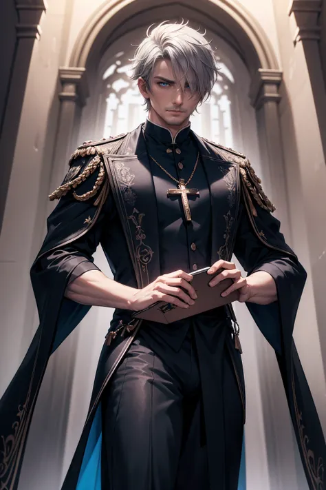 MALE, solo male, NO FACIAL HAIR, NO BEARD, fully clothed in priest attire, cross necklace, book in hand, penis bulge, androgynous features, messy grey hair, bangs covering one eye, blue eyes, clean shaven, pale skin, bulge in crotch, in a dark gothic room,...