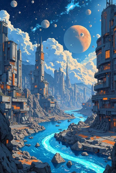 Futuristic cityscape, alien planet, bioluminescent river, cosmic sky, multiple moons, nebula clouds, starry night, glowing energy stream, rocky shores, reflective water surface, towering skyscrapers, ethereal atmosphere, sci-fi landscape, vibrant colors, b...