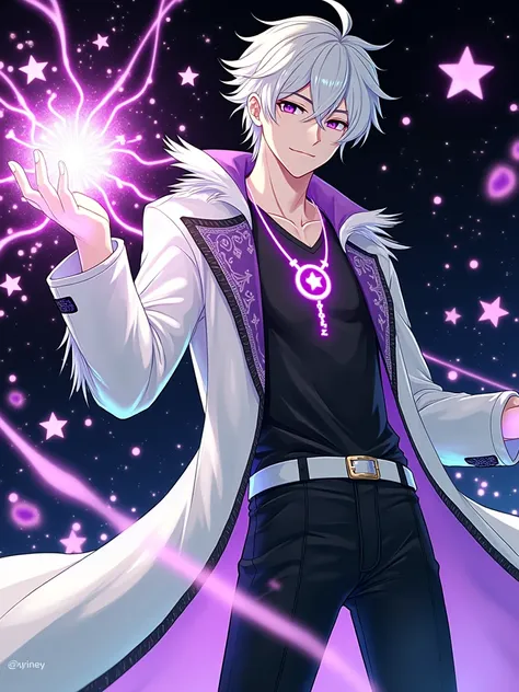 A man with handsome face highest quality detailed ,a painting that represents the essence of magic in your world, showing the white-haired, purple-eyed protagonist with a mystical purple mark on his neck immersed in a cascade of magical energy, with purple...