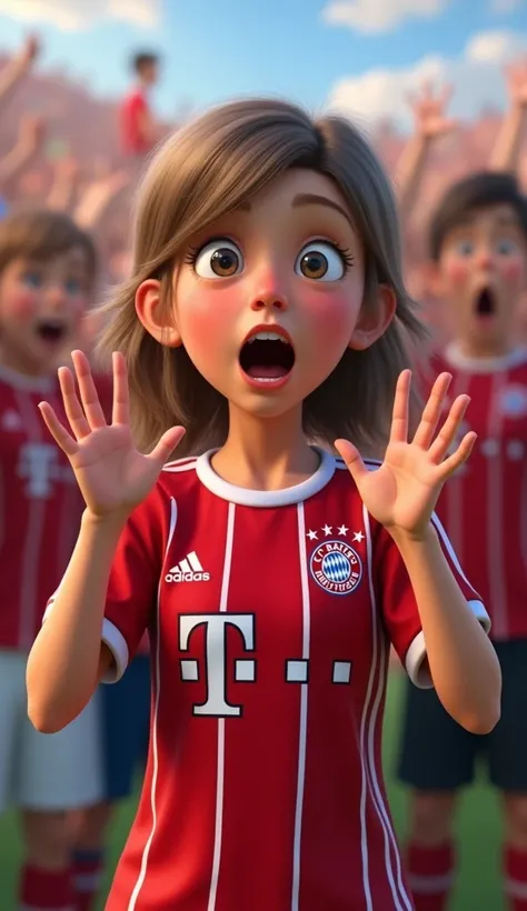 Prompt: "A realistic depiction of a girl with a surprised expression, looking startled and wide-eyed, cartoon, With FC Bayern München Shirt from the waist up, with hands partially raised in reaction. The background is between soccer fans, focusing attentio...