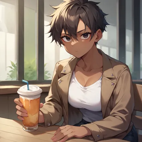 a dark skin tomboy with black straight hair and black eyes stares at you with a blank stare while sitting at a cafe table. she is wearing a white tshirt with a brown jacket and black jeans. medium close up.