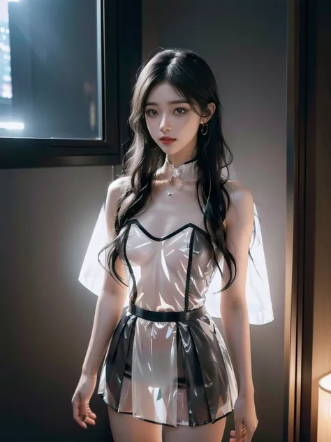 ((A woman)), 美丽脸庞的Sexy中国华裔美少女,  light gray sea blue latex transparent short sleeve jacket , (( I saw black heart-shaped pacifiers )), (( white transparent tulle skirt)), ((I saw black underwear )),  (((Light theme, Exposing the subject, Sexy主题,  Cyberpunk ...