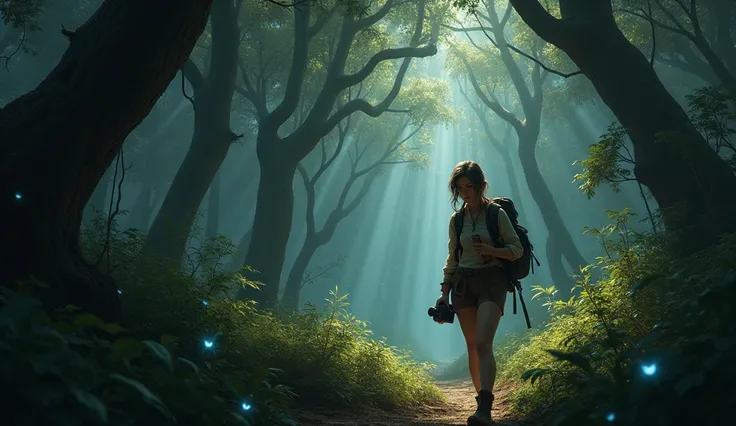 A determined young woman with a curious expression carefully treads along a narrow, overgrown forest trail. She carries a worn leather backpack, her left hand clutching a notebook and her right holding a camera. Her outfit is practical—dark jeans, hiking b...