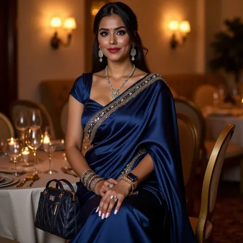 indian women on wearing Navy Blue Swarovski Satin Saree sitting on the chair position in party round aranged table before the women , looking to camera,fair skin color,big and curvy cheeks,pluse size hourglass figure,swooping breasts, ponytail, necklace,di...