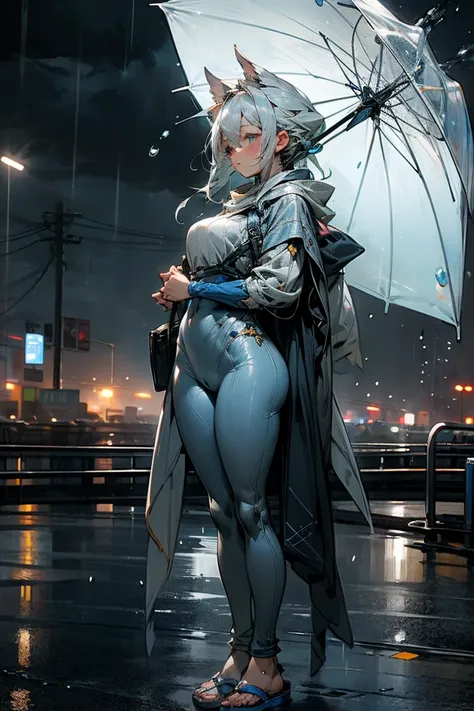 woman、 anatomically correct、 detailed eyes 、 semi-long、 Silver Hair、 blue rain tote 、 white shirt、 blue leggings、 blue sports sandals 、 large amount of water droplets floating around、folded umbrella、 street、Standing quietly 、Night city in the background、 r...