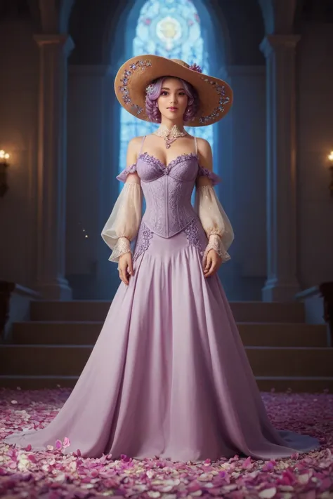 A radiant French woman stands in the spotlight of a grand stage, her attire transformed into a breathtaking blend of lavender blooms. Her flowing summer dress turns into layers of delicate lavender petals, cascading gracefully to the floor. Her wide-brimme...