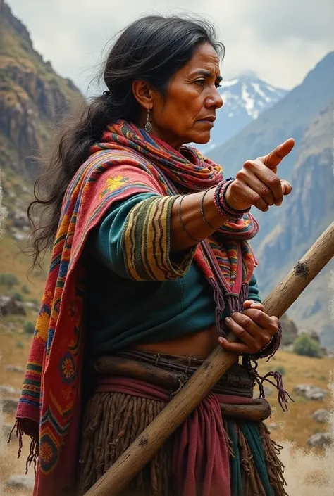 Peruvian woman from the Andes who is in profile with a pimp looking to the right holding a wooden rod with her left hand and pointing forward with her right hand.