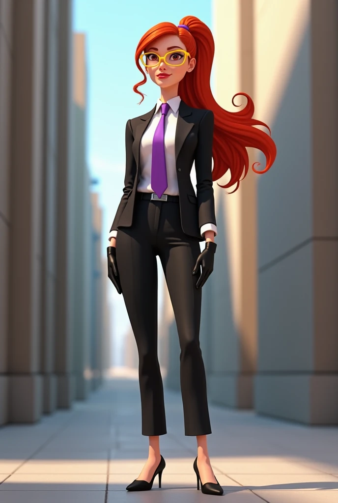 a tall woman with long red hair, with a long ponytail, yellow glasses, wearing a black jacket, white button-down shirt, purple tie, black pants, black gloves, and black high heels in pixar style 