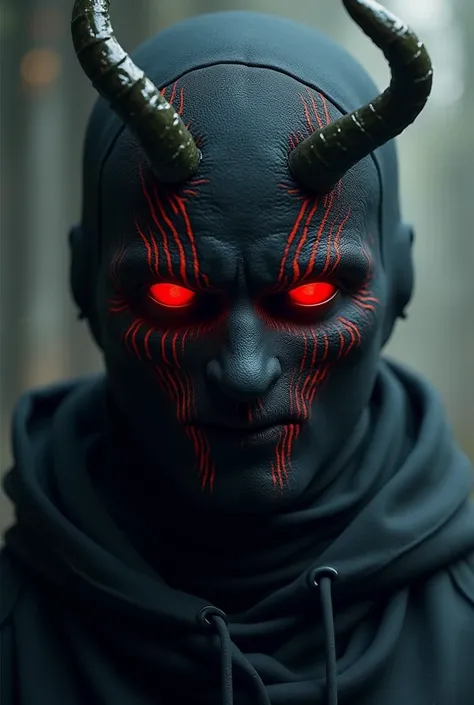  An image of a DJ wearing a balaclava with integrated horns and red contact lenses, Under the eyes there must be red rays carved too  