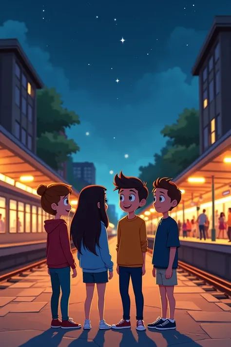 Four friends standing in front of a railway station at night. Animated 