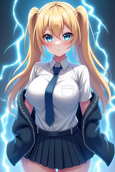 A young woman in anime style, around 18 years old, with blonde twin tails and crystal blue eyes, dressed in a school uniform inspired by Arknights. The jacket is casually tied around her waist, and she has a curvaceous figure with large breasts. Her expres...