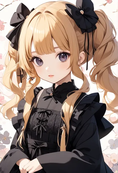 kimono、New Year、A beautiful girl with long Blonde hair, twin tails and a ribbon on her head. She is wearing a black gothic lolita outfit  . Cute and beautiful.