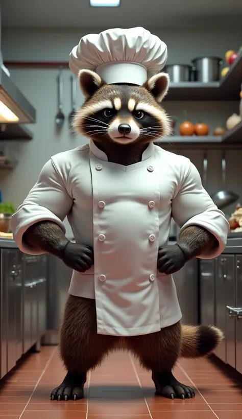 Give me a raccoon, with a muscular body and a raccoon head, I want him to be a chef, I want everything very realistic