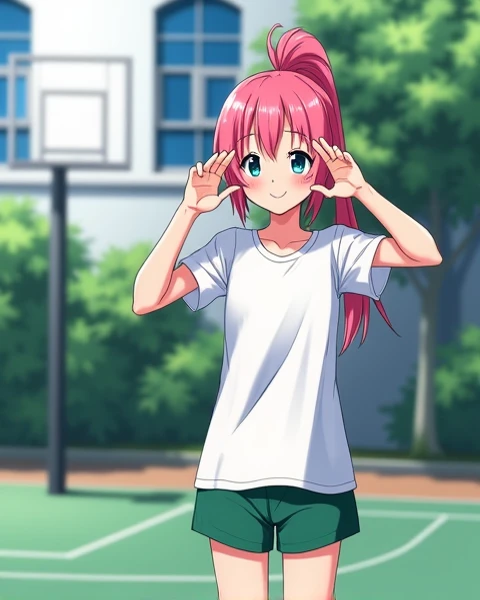  A 17-year-old anime lady , anime To love ru,  soft lighting , Standing basketball tilted on a basketball court outside a white school with blue tinted windows with trees and shrubs with green grass in the city of Tokyo, During the afternoon, she measures ...