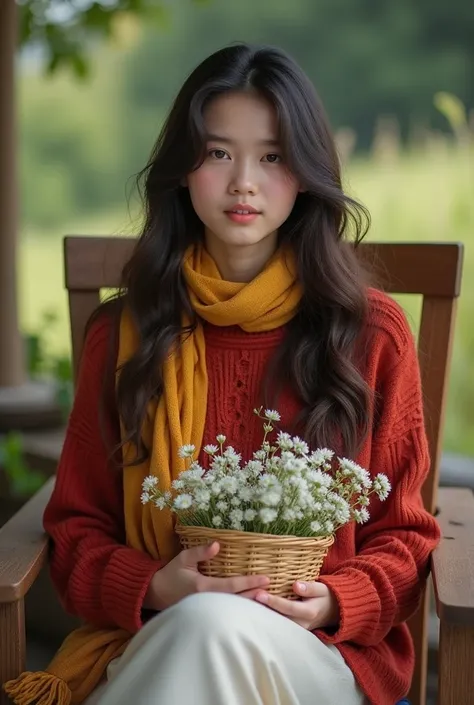 A young woman with long, wavy dark hair sits on a wooden chair, holding a woven basket filled with white flowers. She wears a cozy red sweater with lace trim and a mustard yellow scarf. The background features a blurred outdoor landscape with greenery and ...