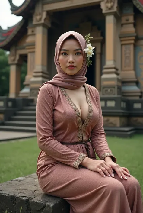 a beautiful Indonesian woman wearing hijab, sexy curvy body, big breast, mini jasmine flower on her hijab, longsleeve unbuttoned kebaya, sitting on the rock infront of hindu temple as background details. look at the viewer, natural light realistic photogra...