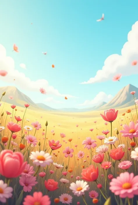  pictures of a clear landscape one day ,  Scenery with only flowers blooming , Flower Field,  no one, No animals ,  vibrant innocence , art style, Cartoon, Artistic,  Soft colors ,  Various flowers blown by the wind, brightness, Magic Photography,  soft li...