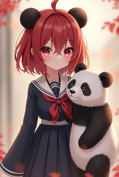 A small girl with red hair and red eyes wearing a school outfit from Japan and a panda ear