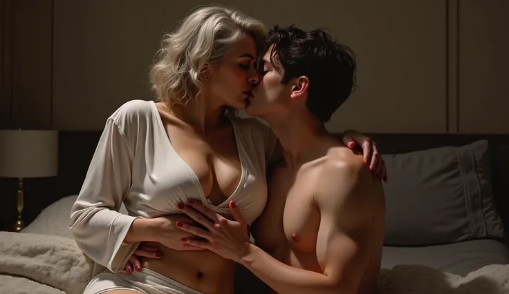 older mature women wearing deep neck collar shirt front button open and a mini short skirt and a young man holding her boobs and kissing her