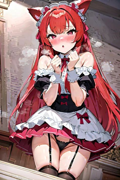 NSFW,masterpiece, best quality, high definition , Very detailed, girl,Cat ears, red hair,Estrus season, lustful face,blush, maid outfit , crop top, off-shoulder , miniskirt, garter strap,Luxurious mansion,Office, Love Drops,Heavy breathing