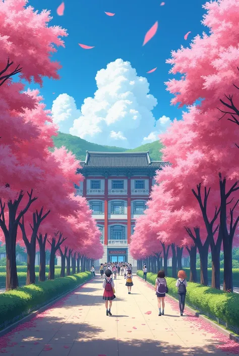 A large Korean school with pink lapacho trees in anime