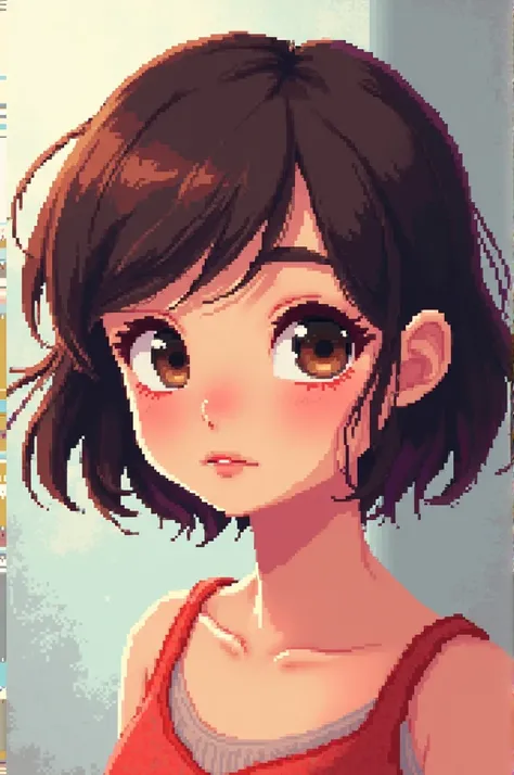 Güerita pixel-type girl with short but slightly wavy hair, brown eyes and big eyelashes. 