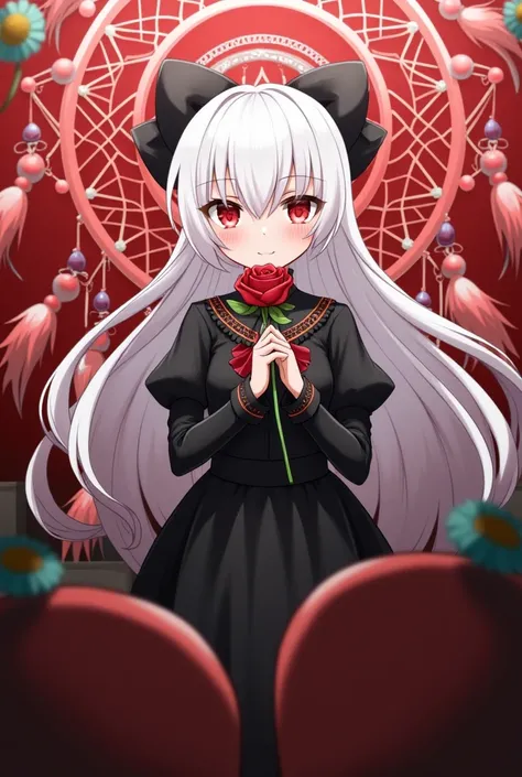 ( best quality, masterpiece), (1 Girl,  unique ,  Black Dress , Standing ,  View Audience, White hair,  red eyes , Holding a rose, Shut up,  upper body), (Behind the Red Dream Catcher, Red flowers, )