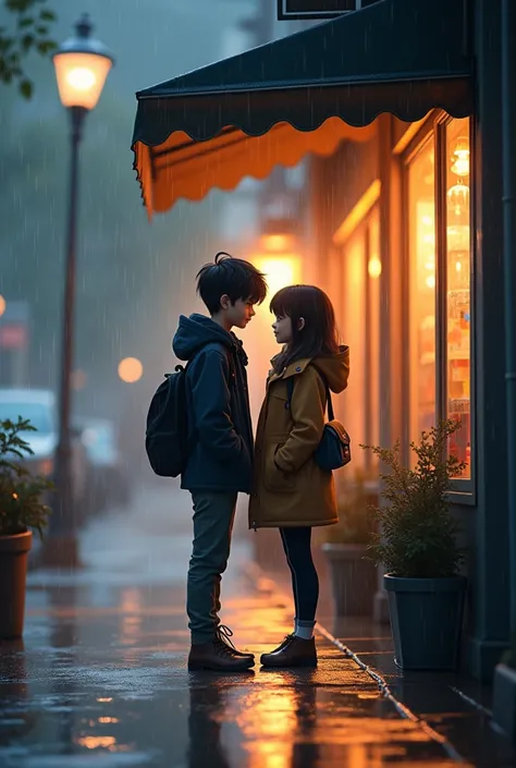 High school boy and girl who was brewing in front of the store because of the rain