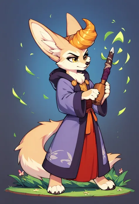 fennec and wolf hybrid, sfw, full-body portrait, glow beautiful yellow eyes, mad professors robe, evil character, medieval background