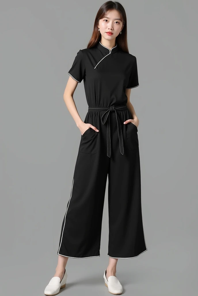  short sleeve lead jumpsuit with white edges , Chinese collar ,  front closure ,  tie belt and elastic on the rods