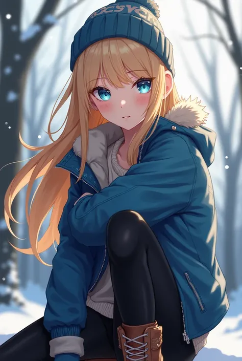 anime girl in blue jacket, black leggings, boots, and beanie, long blonde hair and blue eyes