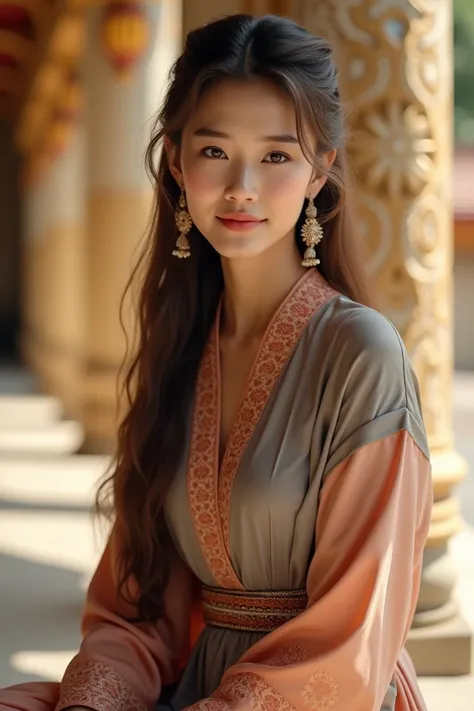 A thai woman, smiling gently, is seated, wearing traditional Thai attire.  The clothing is a mix of soft peach-orange and muted gray, featuring intricate patterns and decorative elements, including jewelry and a beaded belt. Her expression is pleasant, and...