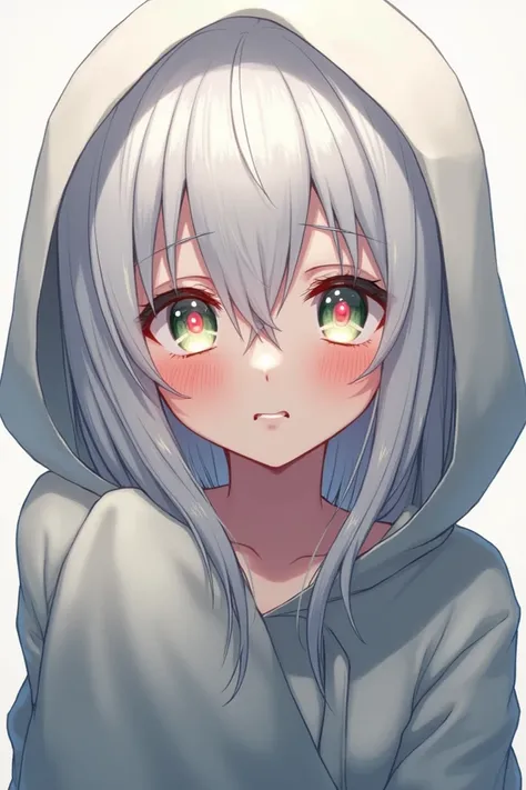 Anime girl, white hair, green eyes and, red eyes glowing eyes and hoodie hood and the girl craying and his girl so blushing and hiss and too ahegao