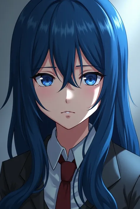 in anime.  An adult woman with blue hair.  dark blue eyes . She had a serious look , Looking at the camera sideways. Wearing a type of clothing that matched her