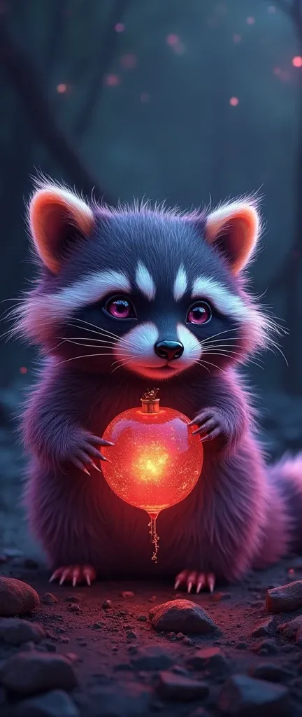 A dark fantasy illustration of a cheerful, glowing cute extra fluffy baby raccoon composed of vibrant and poisonous colors of translucent paint. The raccoon exudes a mysterious aura, its eyes sparkling with energy. The black background enhances the vividne...